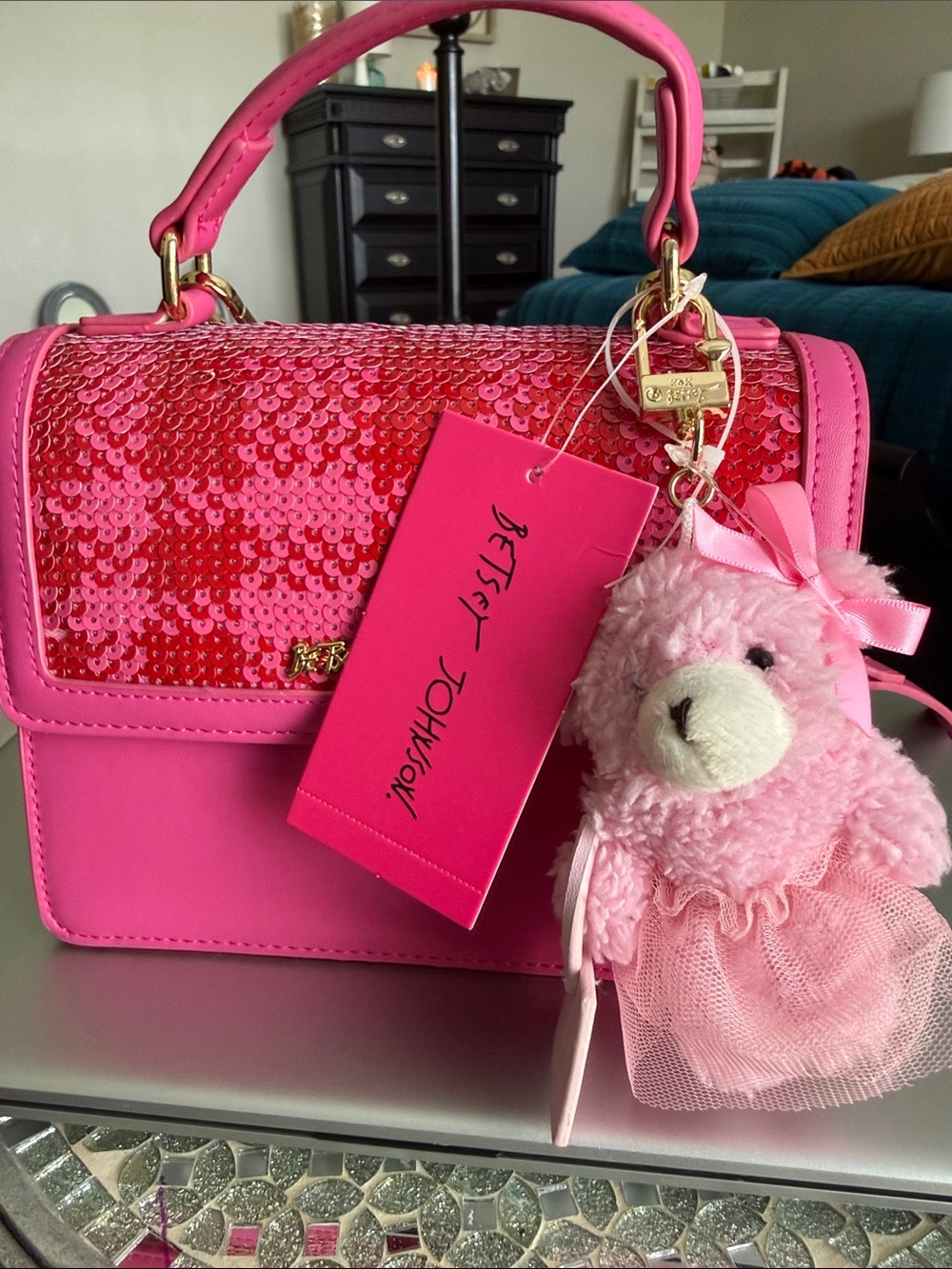 Betsey Johnson Pink Sequin Top-Handle Satchel with Plush Charm NWT